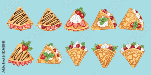 Crepe collection, dessert crepes, strawberry topping, whipped cream, chocolate drizzle, sweet snack, food illustration, flat vector illustration