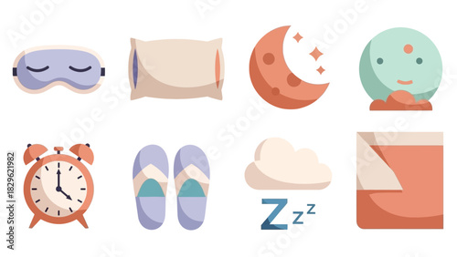 Collection of sleep-related icons, including a mask, pillow, moon, alarm clock, and slippers.