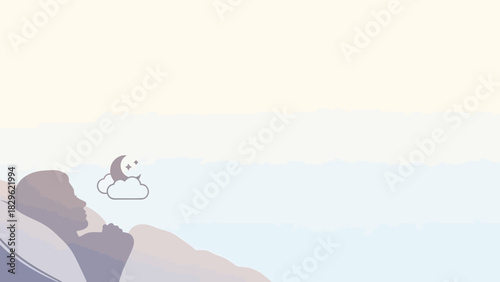 Animation of a person's silhouette sleeping peacefully in bed as a pixelated moon and cloud icon floats by, symbolizing dreams.