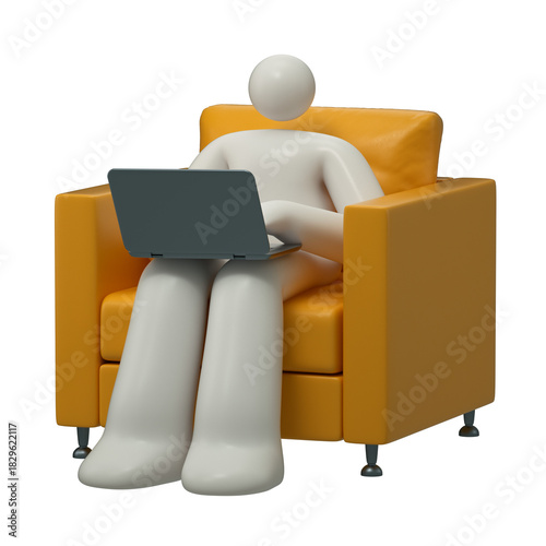 A man sits comfortably in a yellow armchair with a laptop on his lap