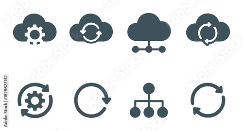 Cloud computing and synchronization icons on dark background