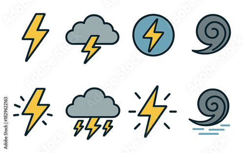 Weather icons set: lightning, cloud, wind, storm symbols in yellow and blue