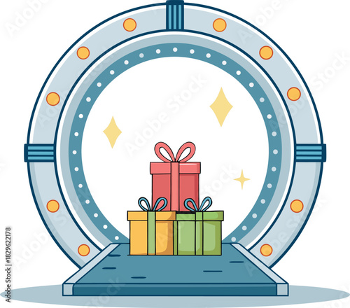 A glowing circular teleporter with a pile of wrapped presents inside, a concept for instant prize delivery and virtual rewards