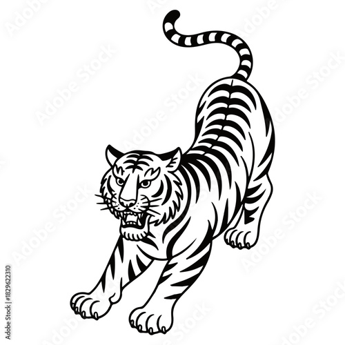 Tiger Asian tatoo style line drawing vector illustration