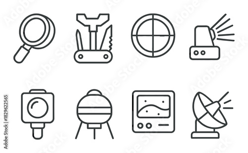 Technology icons: magnifying glass, multi-tool, target, spotlight, camera, satellite, control panel, antenna