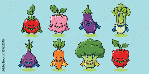 Superhero fruits and vegetables, cartoon healthy food, heroic characters, fun nutrition icons, kids health theme, flat vector illustration