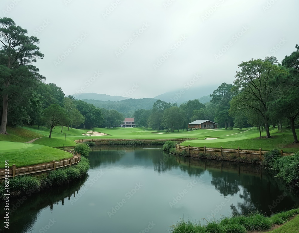Fototapeta premium Empty golf course with calm water feature. Rich green fairways, sand traps, tall trees surround tranquil pond. Distant buildings, misty mountains create serene golf landscape on overcast day. Ideal