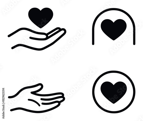 Minimalist heart icons with hands and arches in black and gray design