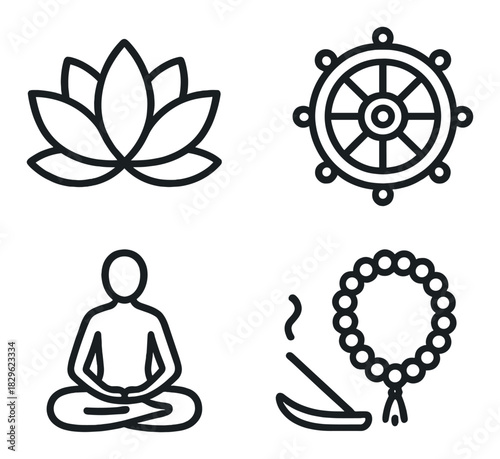 Black icons: lotus, dharma wheel, meditative pose, prayer beads, incense