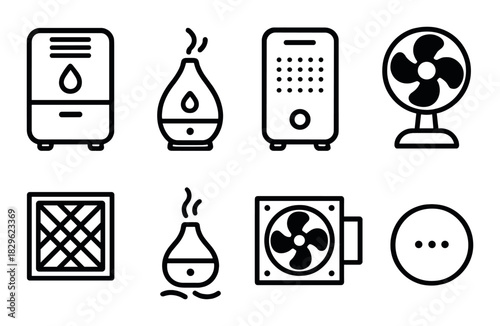 Home appliance icons featuring fan, humidifier, and air filter on dark background