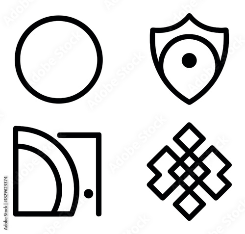 Geometric icon set with circle, shield, door, and knotted design