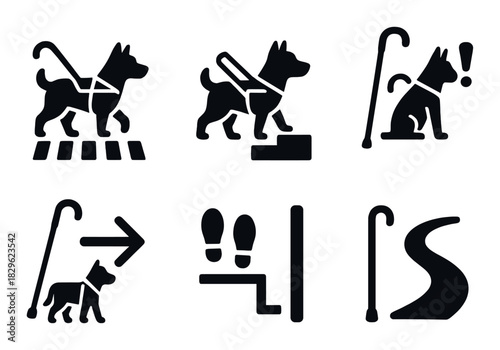 Assistive icons for guide dogs and accessibility signage in dark theme