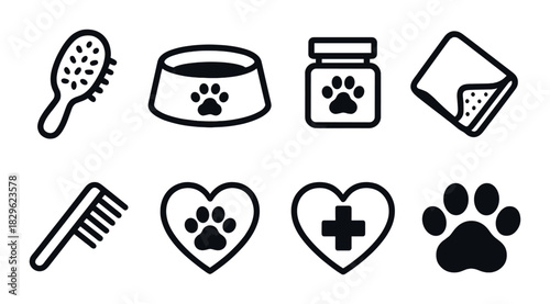 Pet care icons collection: brush, bowl, medicine, towel, comb, hearts, paw