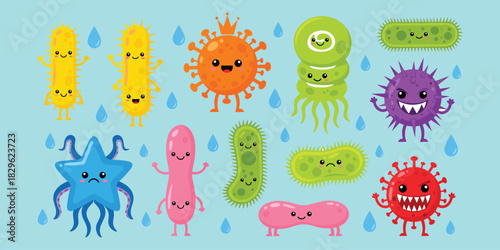 Cartoon microbes collection, colorful germs, cute bacteria, funny virus characters, microbiology icons, hygiene awareness, educational design, flat vector illustration