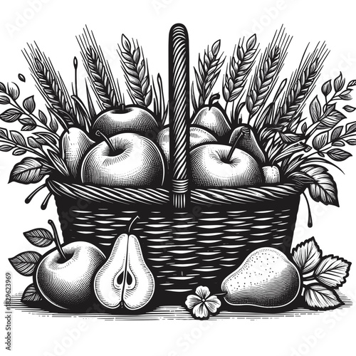 Black and white vintage illustration of a basket filled with apples and pears surrounded by foliage