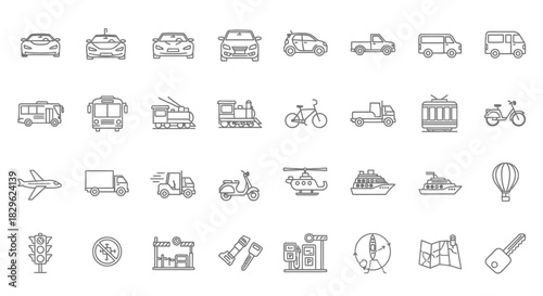 Collection of transportation icons in outline style, including cars, trucks, planes, and more.