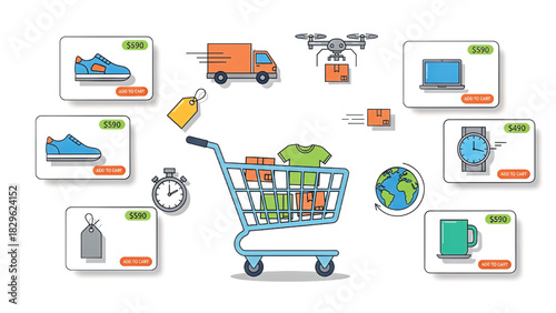 Online shopping and delivery service with a shopping cart, drone, and various products for e-commerce