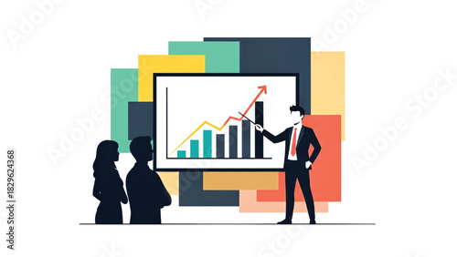 Business presentation with a growth chart showing upward trend and team members observing the financial data