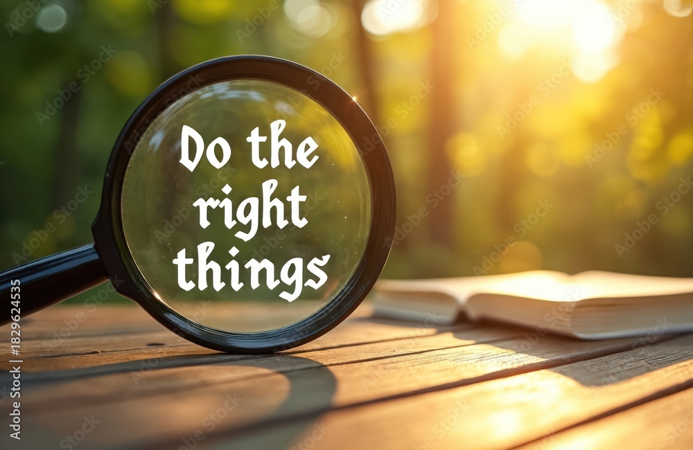 Fototapeta premium Magnifier glass shows phrase do the right things on wooden table. Open book lies nearby with sun shining through trees. Life advice and guidance presented.