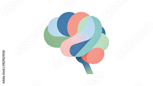 Abstract representation of a human brain composed of colorful, overlapping, flowing shapes on a white background