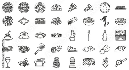 A collection of black and white line art icons depicting various Italian food dishes and related items.