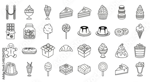 Black and white line art illustration of various desserts and sweets.