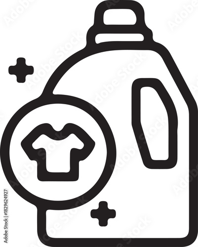 Stylized silhouette of a laundry detergent bottle with a t shirt icon and sparkling effects isolated on transparent background