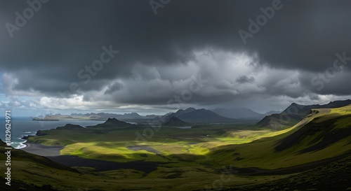 Panoramic view of a coastal landscape under a dramatic, stormy sky