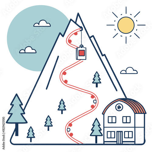 Una montaña nevada muestra una pista de esquí señalizada y una cabina de teleférico subiendo hacia la cima. Una casa se sitúa en la base del monte.
