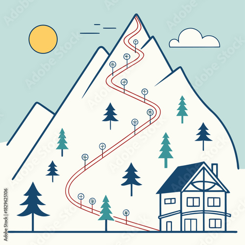 Una pista de esquí zigzaguea por una alta montaña nevada con árboles dispersos y una casa al pie, bajo el cielo despejado.
