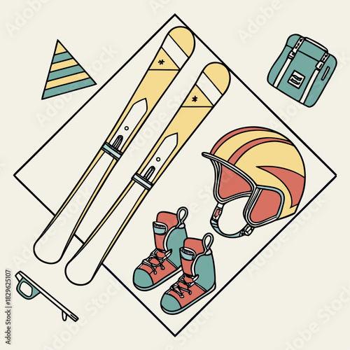 Una colección de objetos para esquiar está ordenadamente dispuesta: esquís, casco, botas, mochila, gafas y gorro, listos para una jornada de nieve.
