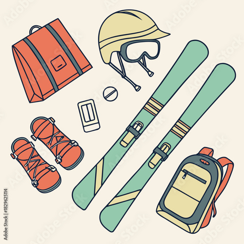 Diversos equipos de esquí y snowboard están dispuestos sobre un fondo claro: esquís, botas, gafas, cascos, mochilas y otros accesorios.

