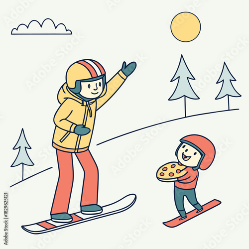 Un adulto y un niño disfrutan del snowboard en un paisaje nevado bajo el sol. El niño lleva una pizza en la mano mientras el adulto le hace un gesto amistoso.
