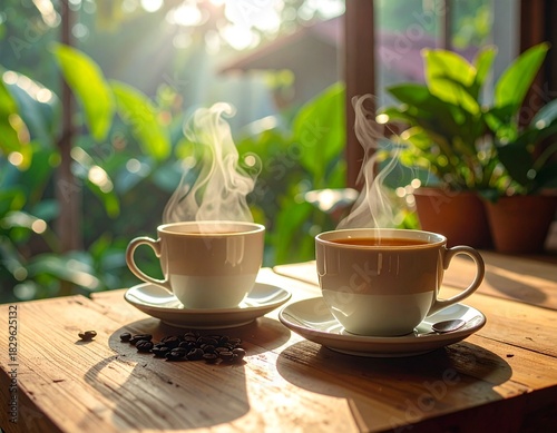 Two Steaming Cups of Coffe on a Wooden Table with Sunlight.