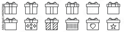  gift box icon set. Present, surprise, and Christmas gift silhouettes in modern outline style for graphic design resources.	