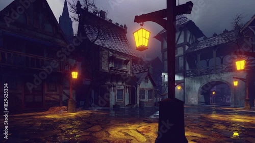 A street of a medieval town illuminated by lanterns. An animation on the theme of history and the city.	
 