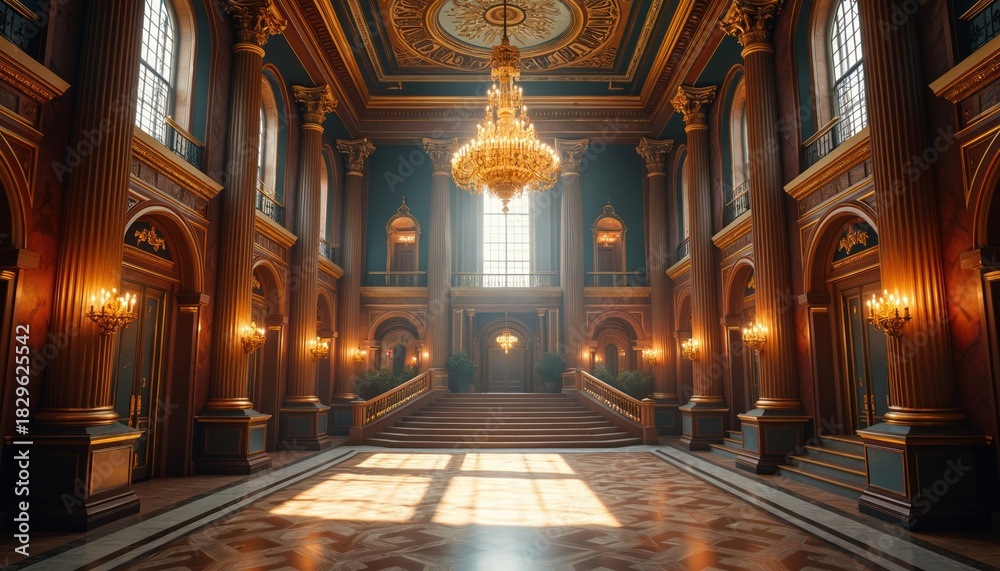 Fototapeta premium Grand ornate ballroom with high ceiling, crystal chandelier. Luxurious palace interior classical columns, rich wooden floor. Sunlight shines through tall window, illuminating elegant empty hall.