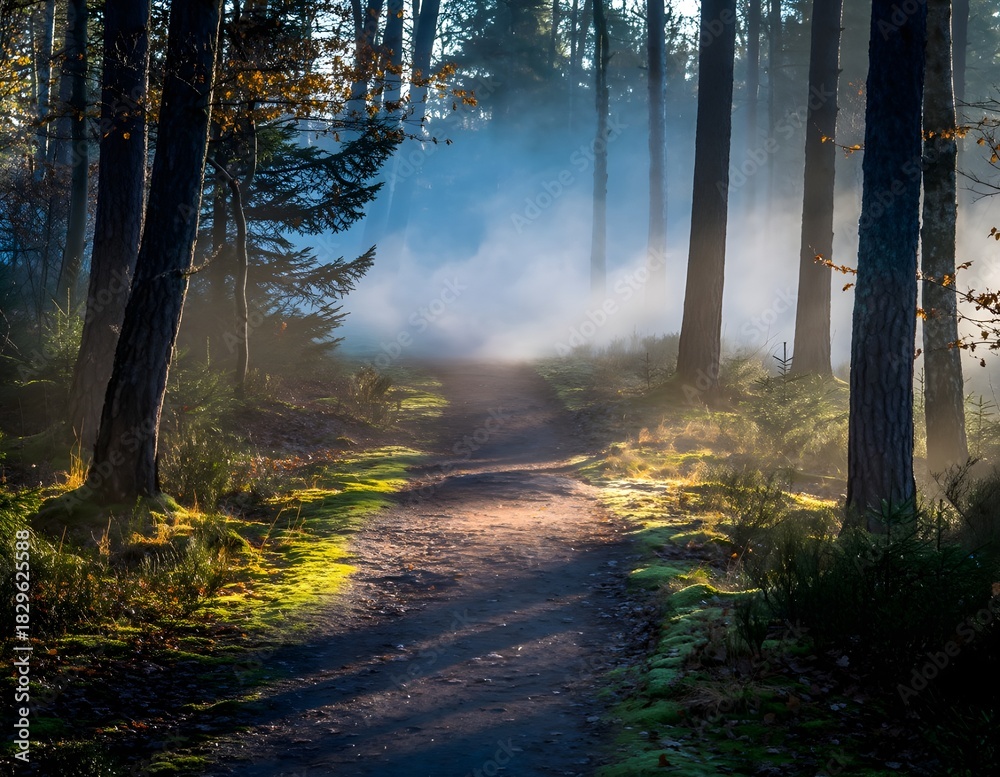 Fototapeta premium A serene forest path glowing with morning light and drifting fog, creating a peaceful and mysterious atmosphere in a lush woodland setting.
