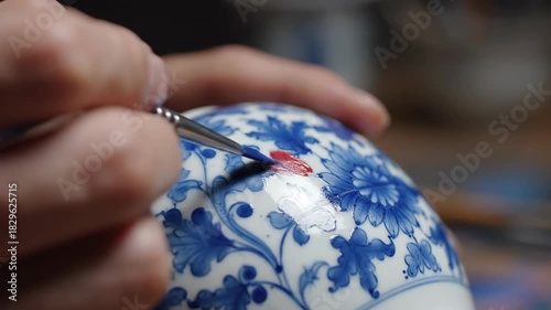 Artist painting detailed floral design on ceramic porcelain