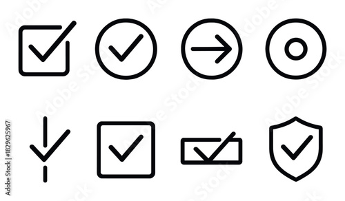 Set of eight black checkmark and arrow icons on dark background
