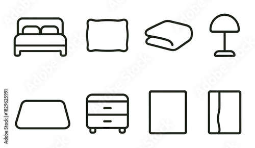 Collection of minimalist bedroom icons on gold background