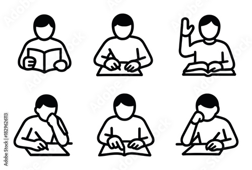 Icons of people reading and writing: studious silhouettes in various poses
