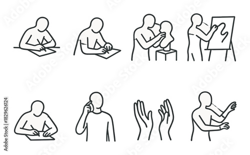 Set of simplified figures engaged in drawing, sculpting, and performance art activities