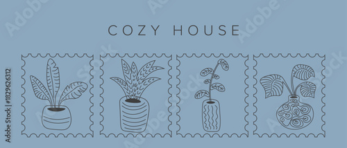 Flowers in pots minimalist background, banner