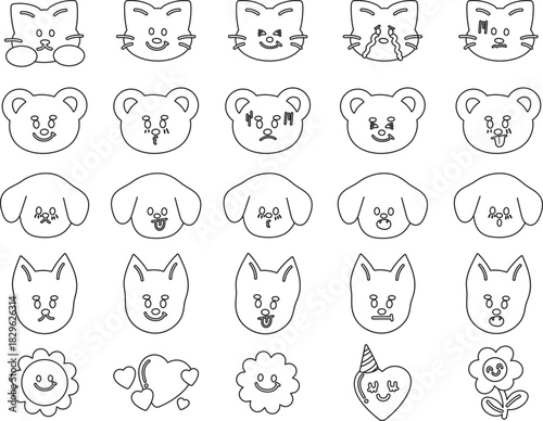 Cute vector outlines of puppy and cat expressions, flowers, heart for cartoon characters, comic, animals, pet shop, vet, emoji, mood, feelings, emotion, emoticon, Valentine's day, patch, kid colouring