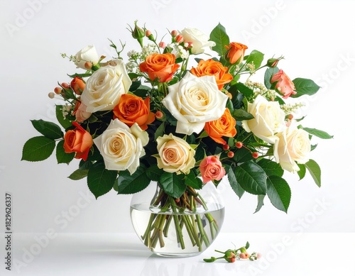 A vibrant bouquet of cream and orange roses in a clear vase