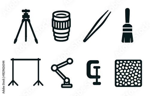 Photography and studio equipment icons set on green background