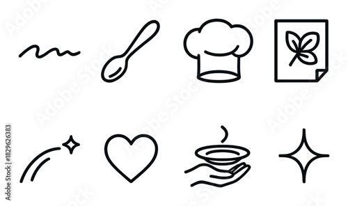 Culinary icons: chef hat spoon leaf stars soup and heart symbols