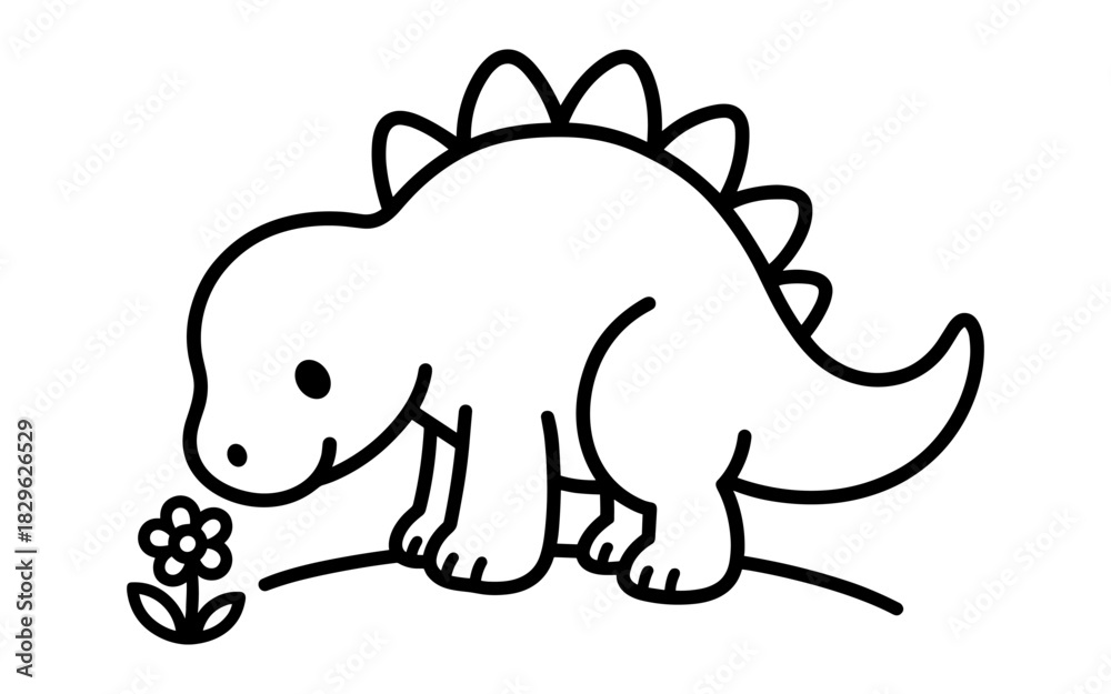 Fototapeta premium Cute dinosaur outline smelling flower in minimalist black and white style