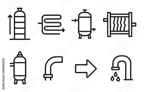 Industrial process icons featuring equipment and pipelines on dark background